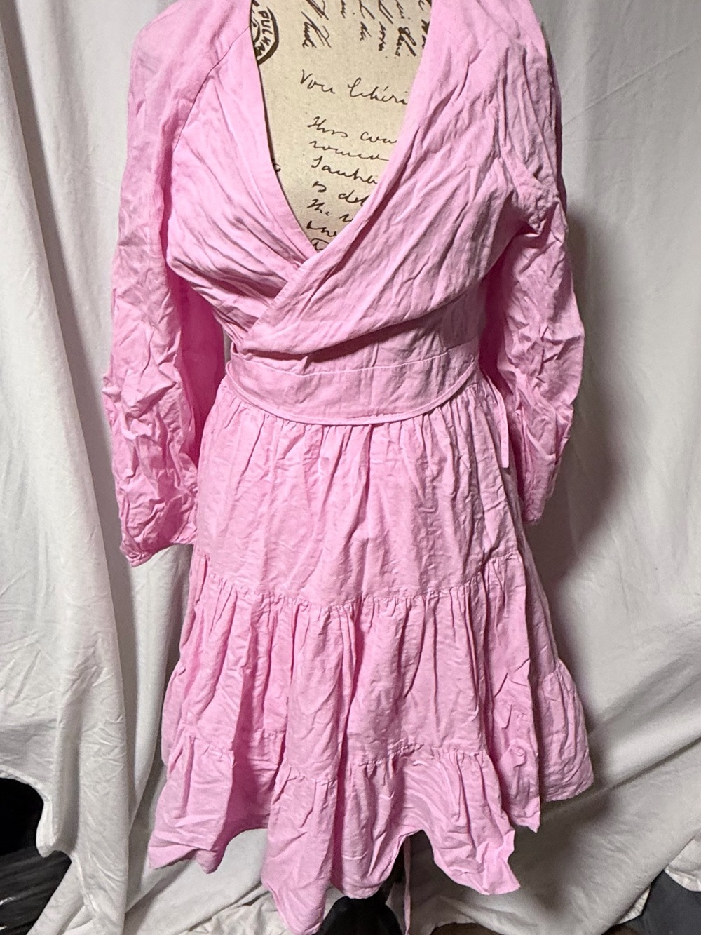 GIANNI BINI Pink Long Sleeve Tiered Ruffle Wrap Dress Large
